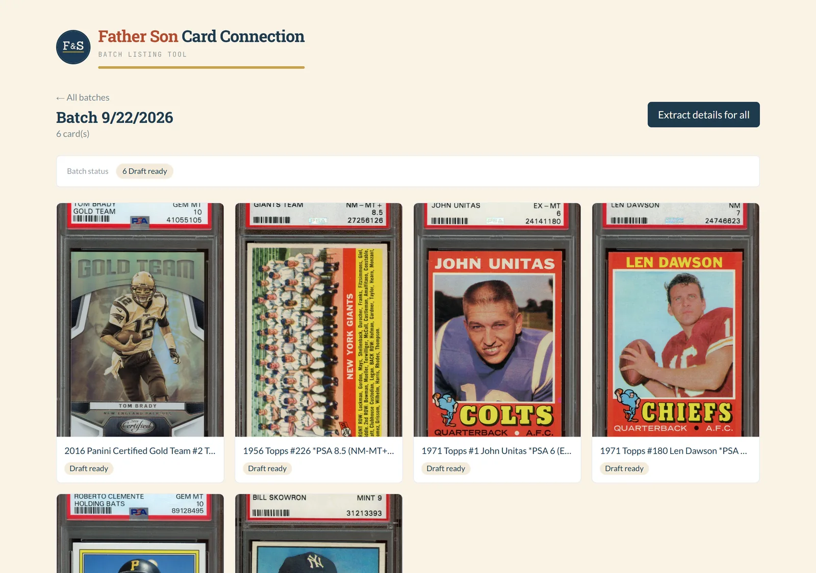 A batch of six graded cards with drafted eBay listings