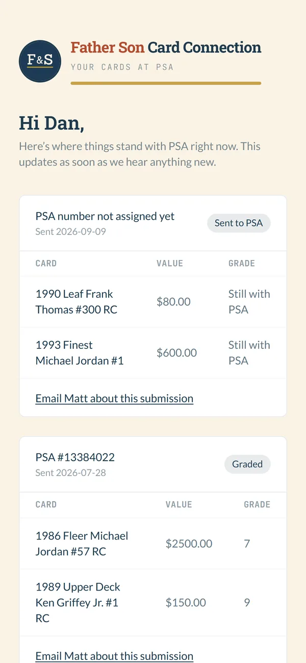 A customer's PSA grading page on a phone, showing their submissions and grades